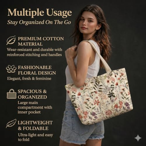 Cotton Tote Bag for Women with Zipper and Inner Pocket - Image 4