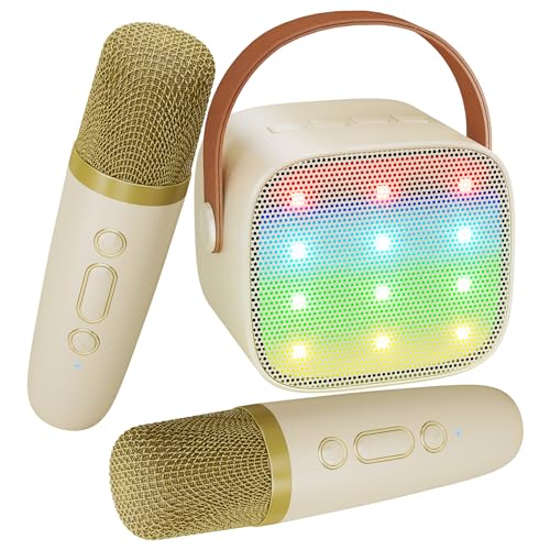 Mini Karaoke Machine for Kids Adults, Portable Bluetooth Speaker with 2 Wireless Microphones, Christmas Birthday Gifts Toys for Girls Ages 4, 5, 6,7, 8,9,10,11,12+ Years Old Toddler(Beige)