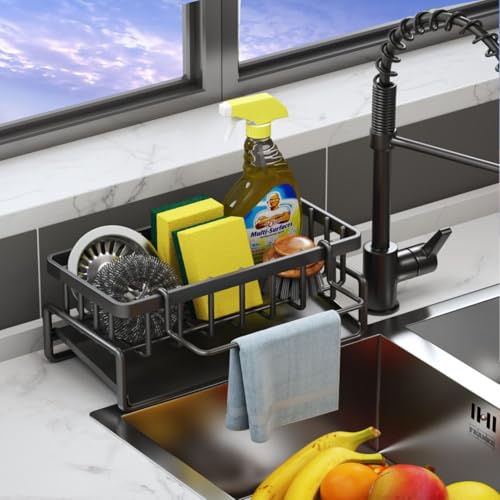 E-COSMOS® Metal Kitchen Sink Caddy Organizer - Auto-Draining Sponge Holder with Soap Tray, Dish Brush Holder & Towel Bar - Rustproof Countertop Storage Rack for Kitchen Sink, Black