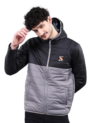 The Indian Garage Co Grey Regular Fit Colourblocked Hooded Puffer Jacket