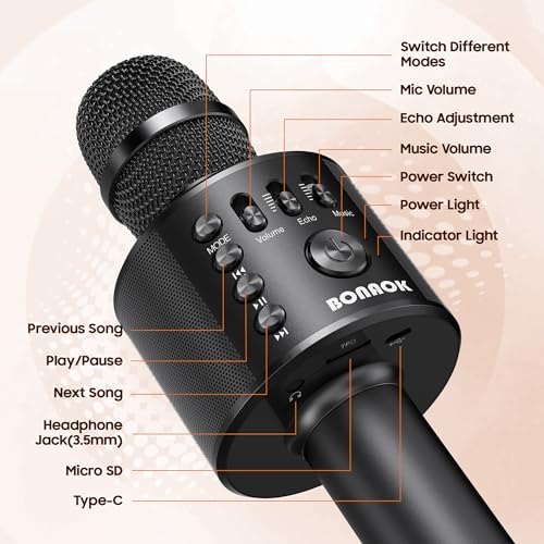 BONAOK Wireless Bluetooth Karaoke Microphone,3-in-1
