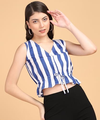 POPWINGS Women Casual Bue & White Stripe Printed Crop Top - Image 2
