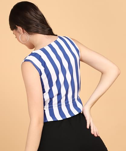 POPWINGS Women Casual Bue & White Stripe Printed Crop Top - Image 3