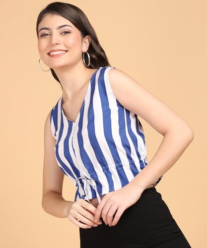 POPWINGS Women Casual Bue & White Stripe Printed Crop Top - Image 4