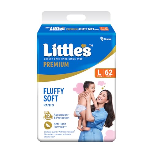Little's Premium Baby Diapers L Size (Large) Pants Style | 9-14 kg | 62 Count | Super Jumbo FluffySoft Baby Diaper with Leakage Guard, Wetness Indicator & 12 Hours Absorption