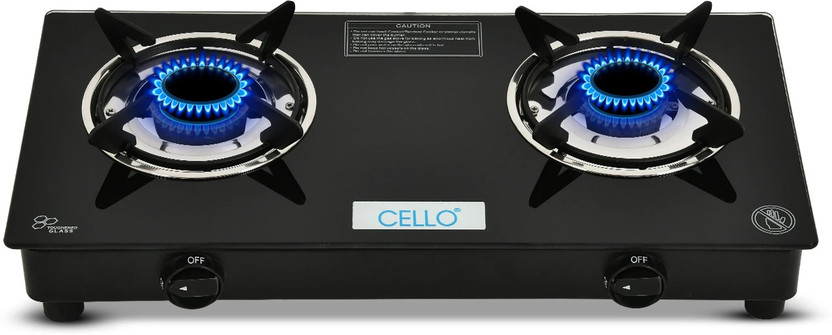 CELLO Regal 2 Burner Black Gas Cooktop,Toughened Glass, ISI Certi