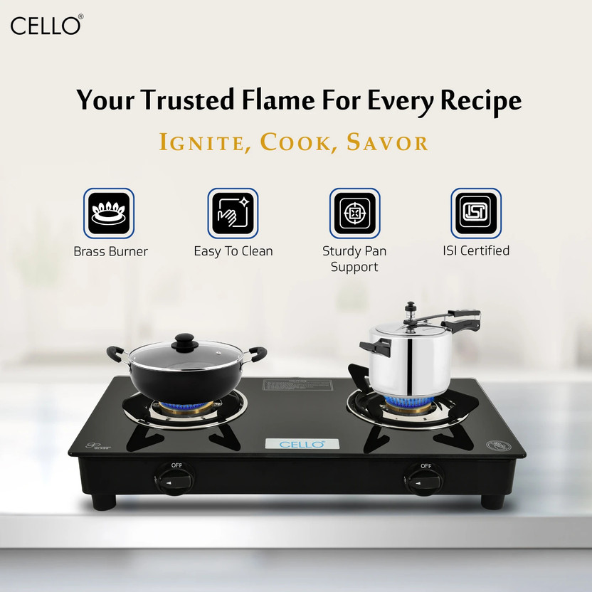 CELLO Regal 2 Burner Black Gas Cooktop,Toughened Glass, ISI Certi - Image 3