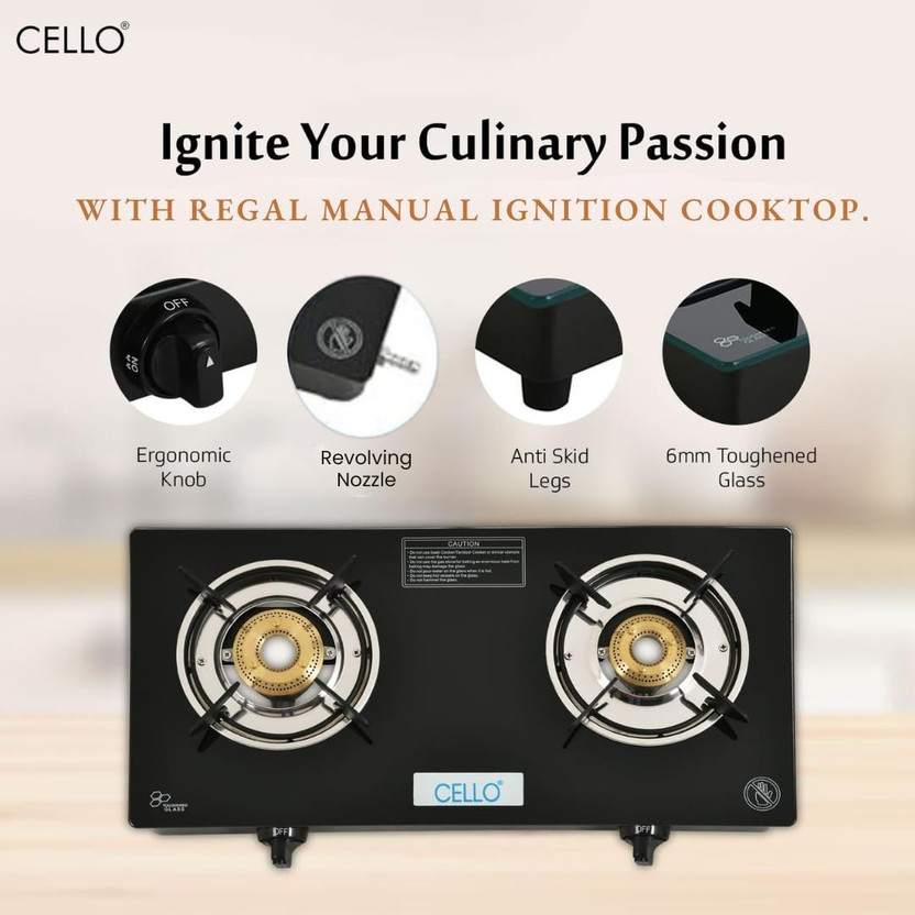 CELLO Regal 2 Burner Black Gas Cooktop,Toughened Glass, ISI Certi - Image 4