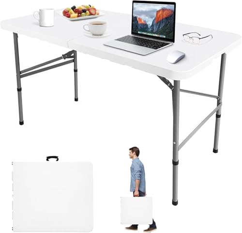 4FT Folding Picnic Table Indoor Outdoor Heavy Duty Portable Folding Square Plastic Dining Table w/Handle, Lock for Picnic, Party, Camping