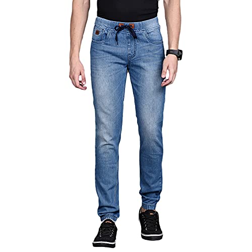CAHOOT Men' Light Blue Cinched Hem Denim Jeans for Casual Wear Light Wash 5 Pocket Drawstring Closure Cotton Denim Jeans