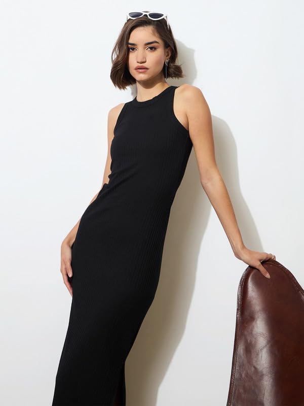 barcino Black Rib Sleeveless Bodycon Maxi Dress - Image 2