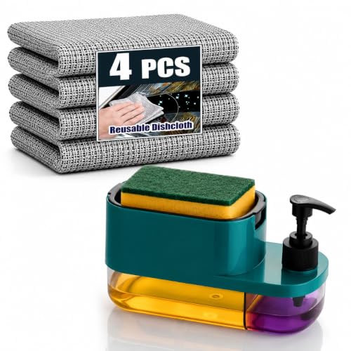 3-in-1 Kitchen Sink Soap Pump Dispenser with Sponge Holder & Dual Liquid Compartments | Countertop Dish Wash & Hand Wash Dispenser | Kitchen Sink Organizer with 4 Reusable Wire Dish Cloths