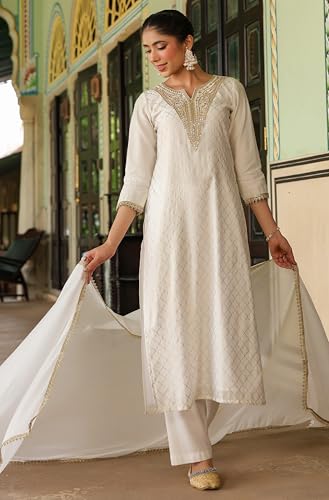 Janasya Women's Off White Chanderi