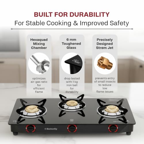 Butterfly Smart 3 Burner Glass Top Gas Stove with Manual Ignition - Image 3