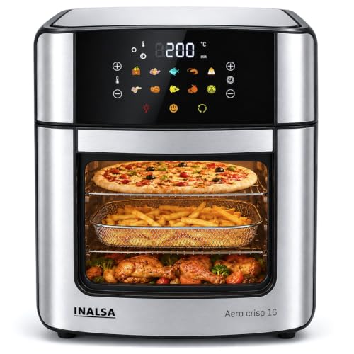 INALSA Air Fryer Oven|16L, 1800W|Stainless Steel Body12-in-1 Functions,Fry,Bake,Grill,Dehydrate,Roast& Reheat|10 Preset|Rotisserie & Convection|Dishwasher Safe Accessories|2Yr Warranty,Aero Crisp 16