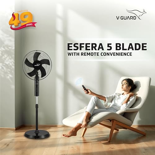 V-Guard Esfera 5 Blade 400 mm Pedestal Fan With Remote Control| Black - Image 3
