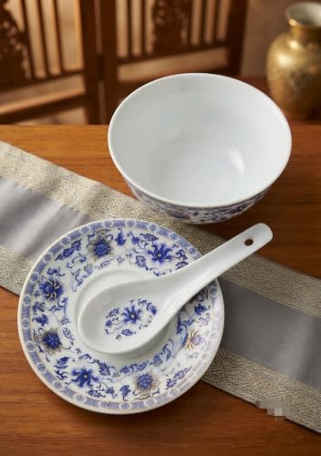 Soup Bowl with Saucer and Spoon, White & Blue Thai Floral Design - Image 2