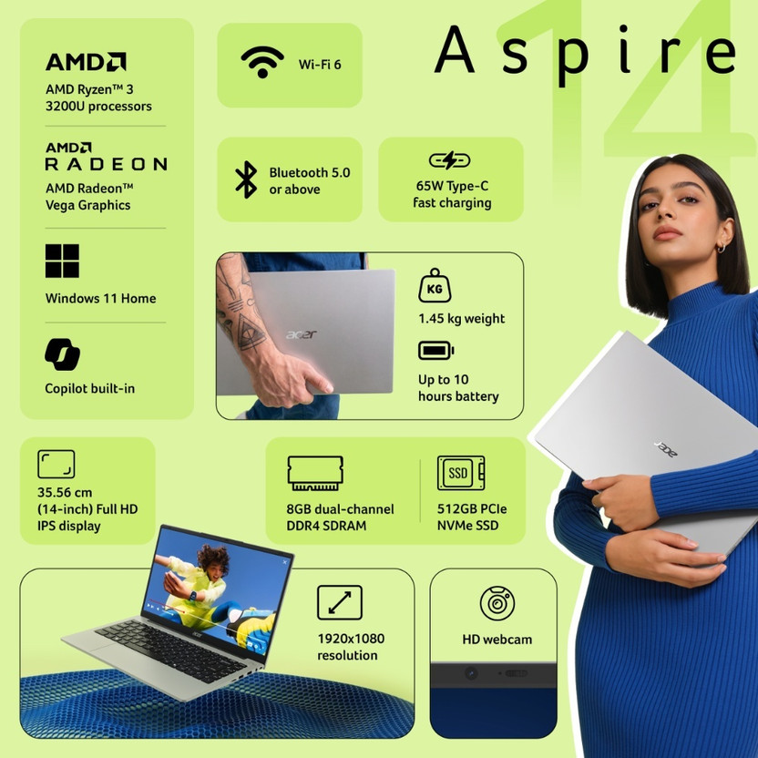 Acer Aspire 14 AMD Ryzen 3 3200U - (8 GB/512 GB SSD/Windows 11 Ho - Image 2
