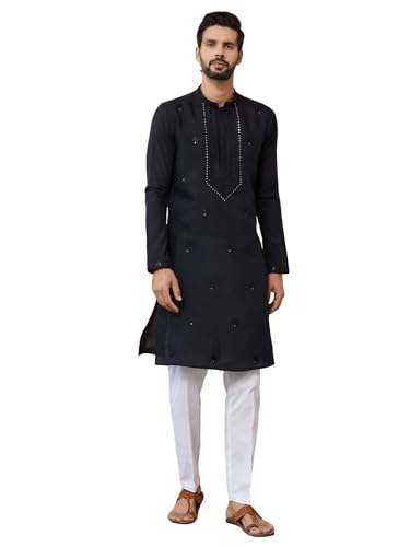 See Designs Men's Long Sleeve Mandarin Collar Side Slit Off-White Embroidered Chanderi Silk Straight Kurta