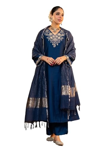 Klosia Women Embroidery Solid Straight Kurta and Pant Set with Dupatta