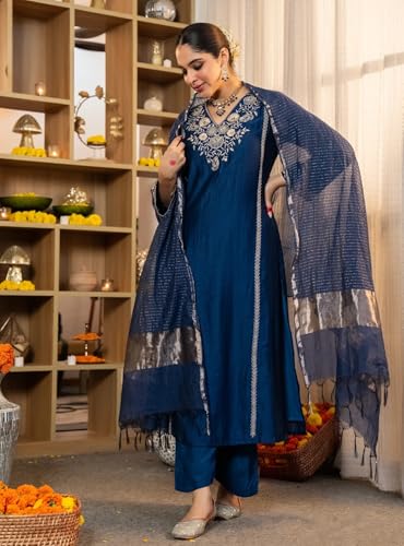 Klosia Women Embroidery Solid Straight Kurta and Pant Set with Dupatta - Image 6