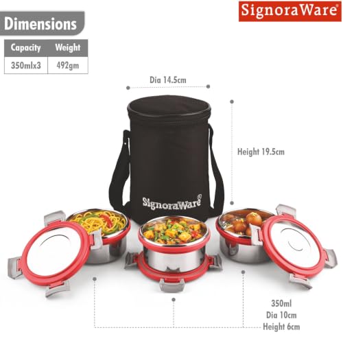 Signoraware Meal Mate Steel Small Lunch Box+Bag (350mlx3, Red) - Image 2