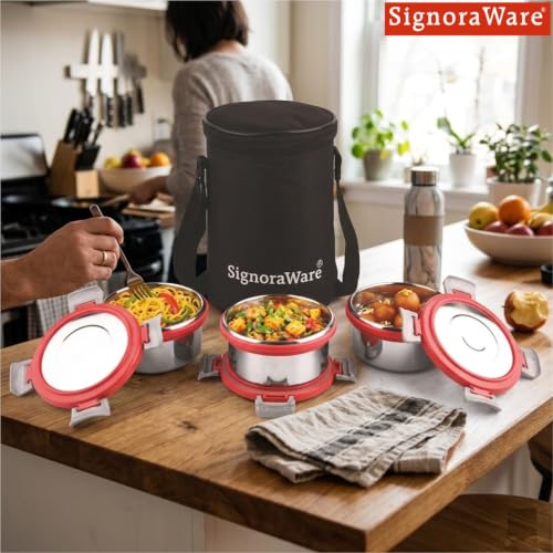 Signoraware Meal Mate Steel Small Lunch Box+Bag (350mlx3, Red) - Image 3