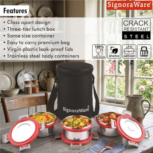 Signoraware Meal Mate Steel Small Lunch Box+Bag (350mlx3, Red) - Image 4