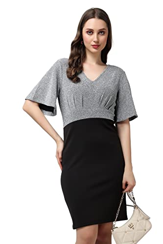 POPWINGS Women Casual Grey Black Solid Self Design Bodycon Dress…