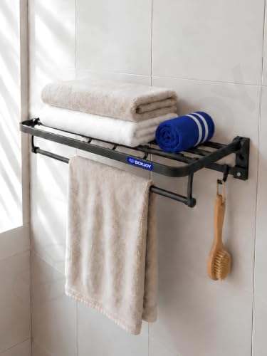 BOXJOY Foldable Towel Holder Rack for Bathroom with Multipurpose Hooks