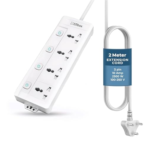 EMBOX Extension Board with Switches 2500 W, 4 Universal Sockets, Individual Switch, Safety Shutter Spike Guard, LED Indicator and Safety Shutter
