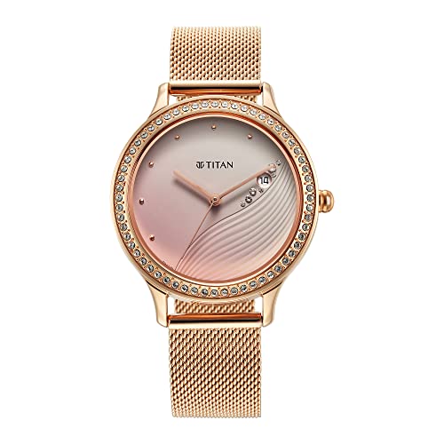 Titan Purple Glam It Up Quartz Analog with Date Pink Dial Rose Gold Stainless Steel Strap Watch for Women - NT2634WM05