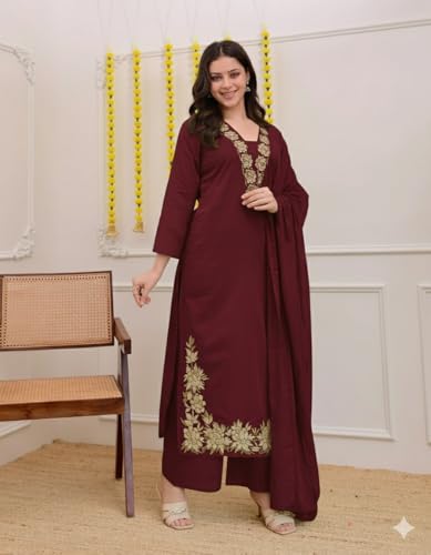 Klosia Women Solid Embroidery Kurta and pant set With Dupatta - Image 4