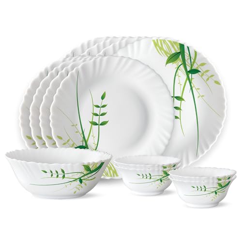 Larah by Borosil Green Herbs Opalware Dinner Set, 13-Pieces, White