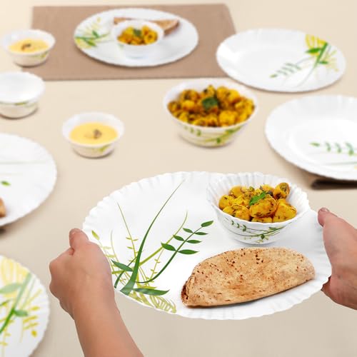 Larah by Borosil Green Herbs Opalware Dinner Set, 13-Pieces, White - Image 2