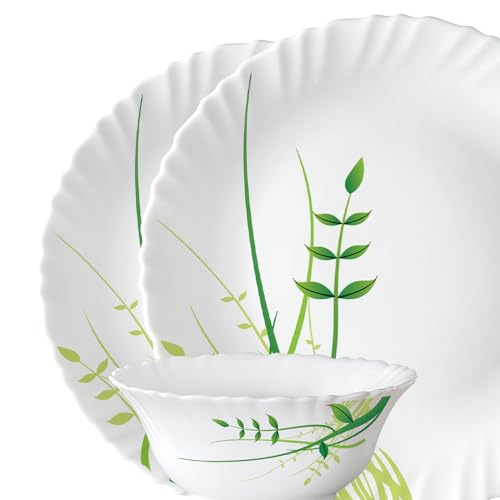Larah by Borosil Green Herbs Opalware Dinner Set, 13-Pieces, White - Image 3