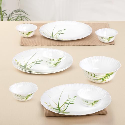 Larah by Borosil Green Herbs Opalware Dinner Set, 13-Pieces, White - Image 6