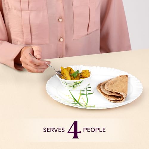Larah by Borosil Green Herbs Opalware Dinner Set, 13-Pieces, White - Image 7