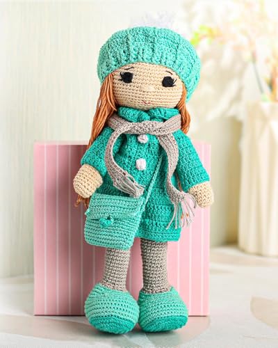 Bonfino Premium Crochet Doll with Bag for Girls & Boys, Cute Knitted Cotton Doll for Babies, Baby Doll for Kids, Soft Toys, 6+ Months, Birthday Gift, Height 27 cm, Pink & Blue (Miss Gloria)