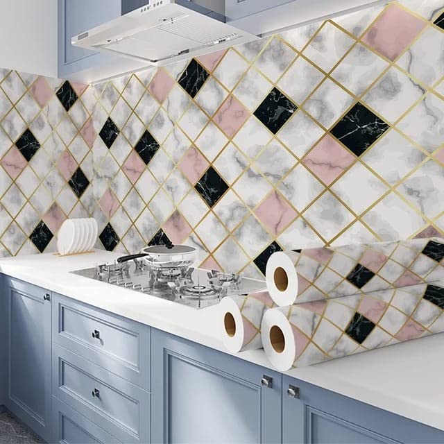KASHIVAL Pink & Black Kite Marble Kitchen Stickers, 60 * 200cm - Image 3