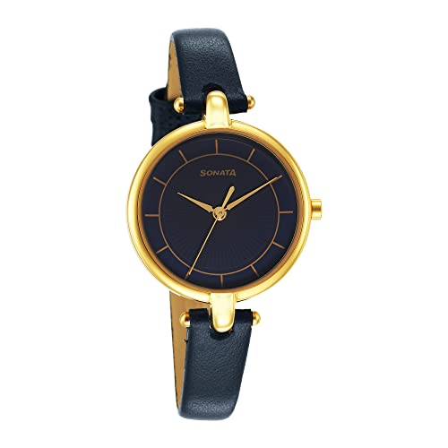 Sonata Gold Edit Blue Dial Women Analog Watch with Leather Strap-NR87043YL03W