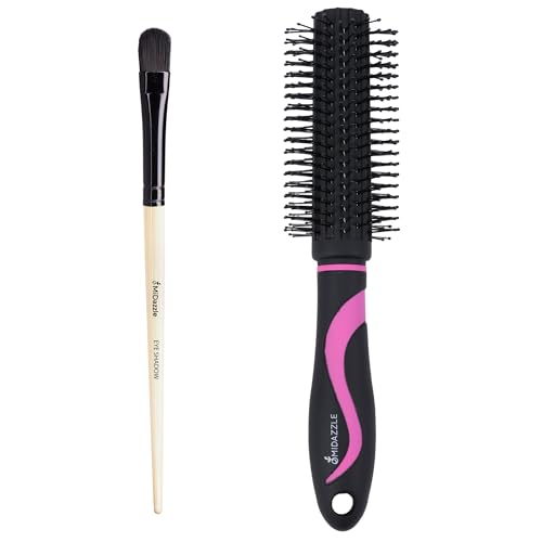 Midazzle Eye Shadow Brush and Round Hair Brush Set, Black-Pink, 2 Pieces