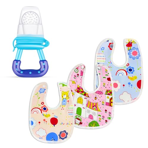 GLUN® 3 Piece Feeding Bibs & 1 Piece Fruit Nipple Nibbler Combo Set for Babies, Toddlers Aged 8-36 Months, Cute Print Washable Baby Bibs & Nibbler