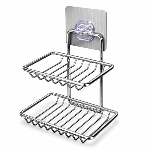 2 Tier Soap Holder for Bathroom Wall | Self Adhesive Soap Stand Rack | Stainless Steel Rust Proof Soap Dish Holder | Wall Mounted Bathroom Shelf Kitchen Organizer (No Drill)