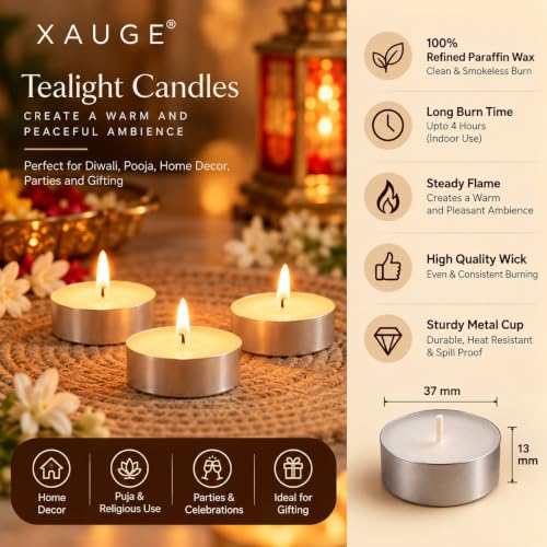 XAUGE Wax Tealight Candles White Unscented,| Classic Round Design (10) - Image 3