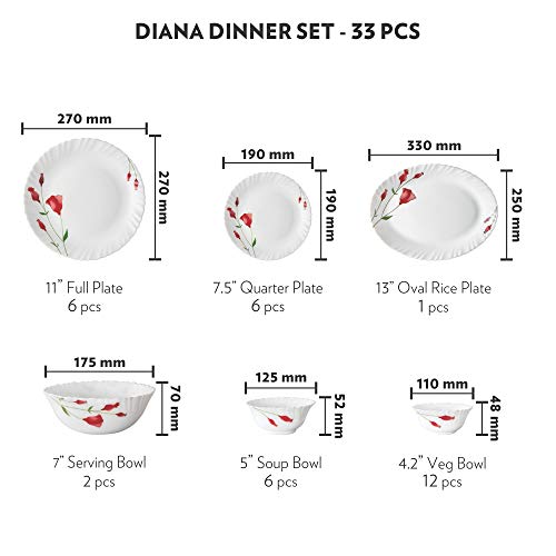 Larah by Borosil Diana Opalware Dinner Set, 33-Pieces, White - Image 6