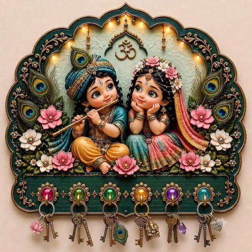 Wooden Radha Krishna Printed Key Holder