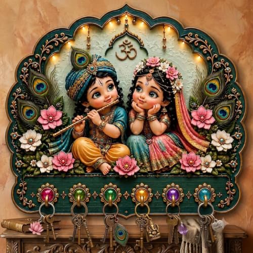 Wooden Radha Krishna Printed Key Holder - Image 2