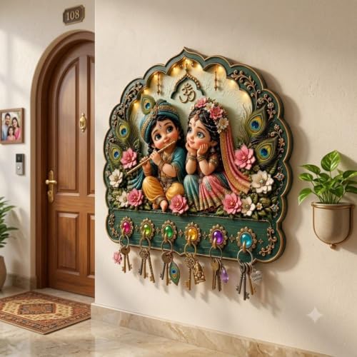 Wooden Radha Krishna Printed Key Holder - Image 3