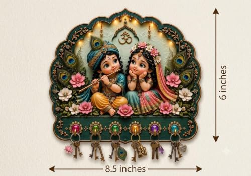 Wooden Radha Krishna Printed Key Holder - Image 4